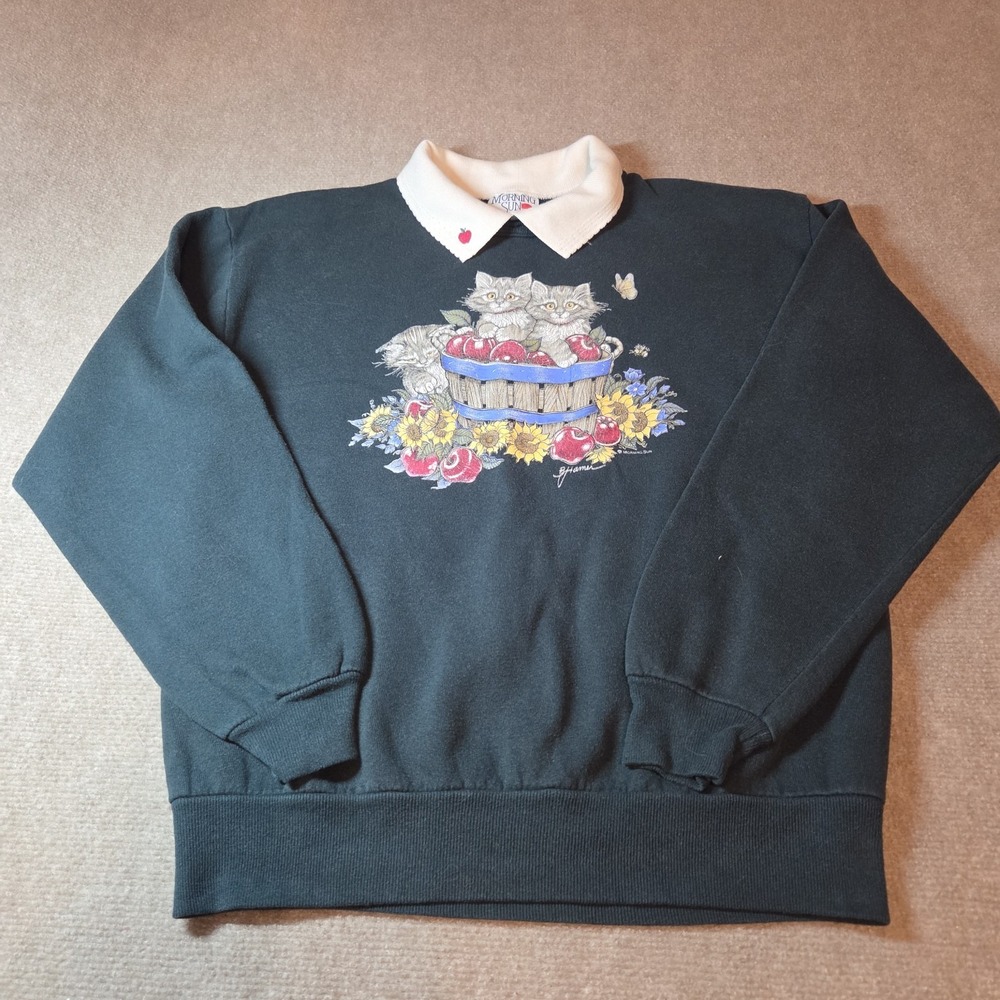 Vintage Morning Sun Jerzees Kitten Apple Sunflower Collared Sweatshirt Green M